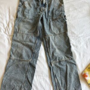 Casual Denim Cargo Pants. Medium to light wash with the cutest detailing